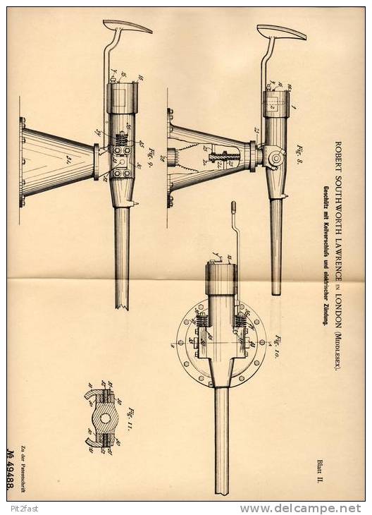 Original Patentschrift - R. Lawrence In London , 1889 , Geschütz , Kanone Mit Elektrischer Zündung !!! - Equipement