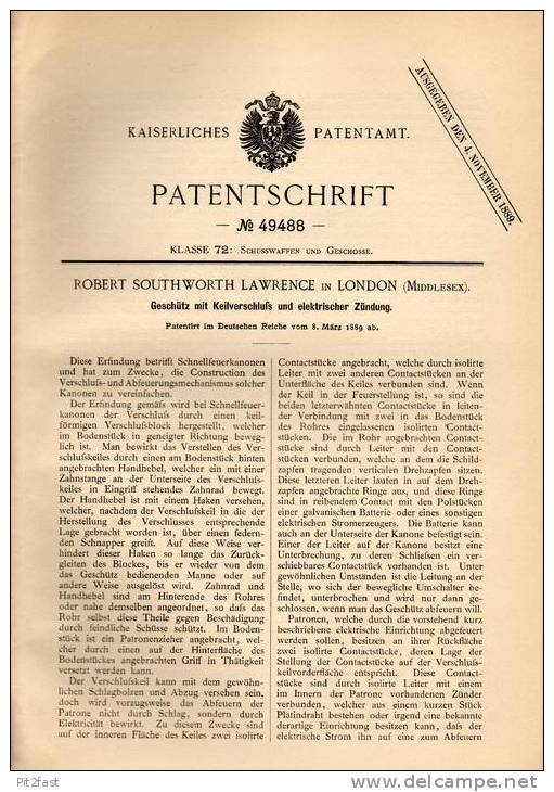 Original Patentschrift - R. Lawrence In London , 1889 , Geschütz , Kanone Mit Elektrischer Zündung !!! - Equipement