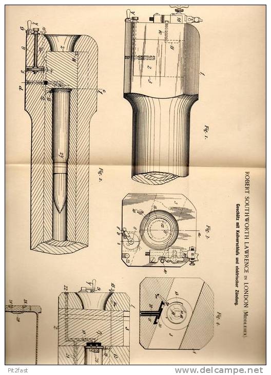 Original Patentschrift - R. Lawrence In London , 1889 , Geschütz , Kanone Mit Elektrischer Zündung !!! - Equipement