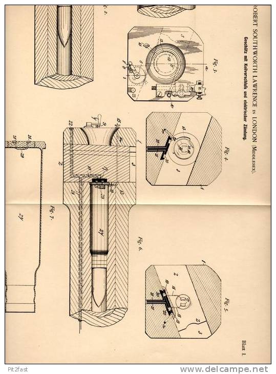 Original Patentschrift - R. Lawrence In London , 1889 , Geschütz , Kanone Mit Elektrischer Zündung !!! - Equipment