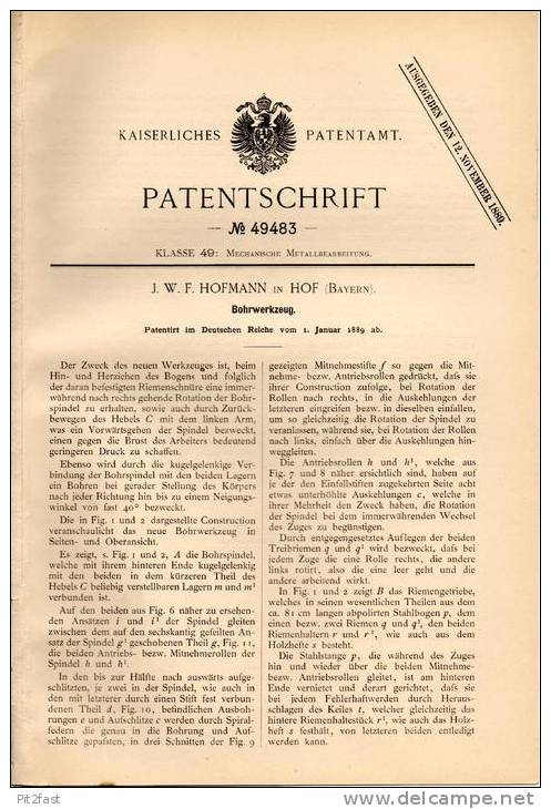 Original Patentschrift - J.W.F. Hofmann In Hof , Bayern , 1889 , Bohrwerkzeug , Bohrer !!! - Antike Werkzeuge