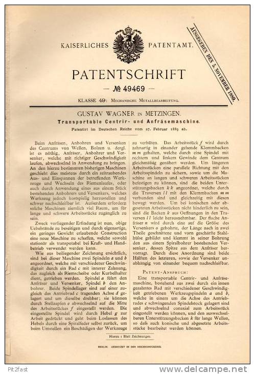 Original Patentschrift - G. Wagner In Metzingen , 1889 , Tranportable Fräsmaschine , Fräse !!! - Máquinas