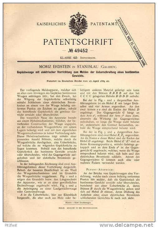 Original Patentschrift - M. Erdstein In Stanislau , Galizien , 1889 , Elektrische Gepäckwaage , Waage !!! - Historische Dokumente