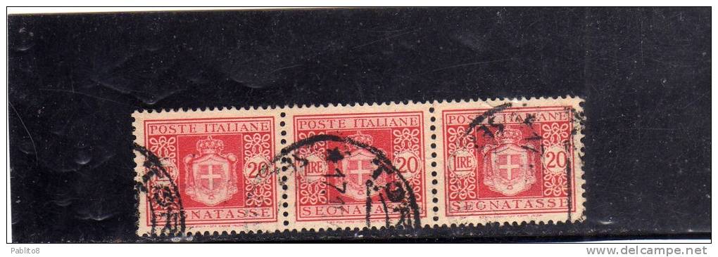 ITALIA REGNO LUOGOTENENZA 1945 SEGNATASSE SENZA FILIGRANA LIRE 20 STRISCIA DI 3 TASSE USED - Taxe