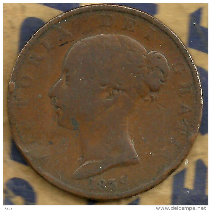 ISLE OF MAN 1/2 PENNY 3-LEGS EMBLEM FRONT QV HEAD BACK 1839 KM? VG+ SCARCE READ DESCRIPTION CAREFULLY !!! - Isla Man