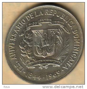 DOMINICAN REP 1 PESO 125 YEARS IND EMBLEM FRONT BUILDING BACK 1969 KM33 UNC READ DESCRIPTION CAREFULLY !!! - Dominicaine