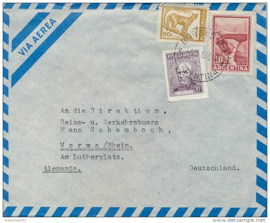 Argentina 1960 Cover To Germany Multifranked With Inca Bridge, Puma, Guillermo Brown - Storia Postale