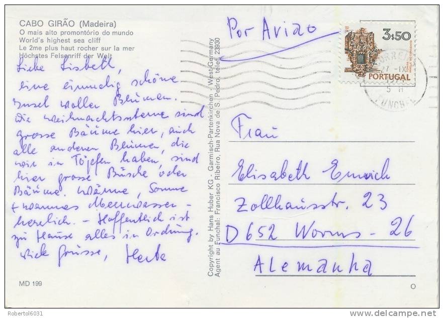 Portugal 1974 Picture Postcard From Funchal (Madeira Island) To Germany Franked With 3,50 E. Window Of Tomar Convent - Lettres & Documents