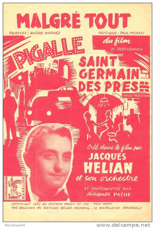 Partition Musicale 'Malgré Tout' Du Film 'PIGALLE' Créé Par Jacques HELIAN (Musique Paul Misraki). - Scores & Partitions