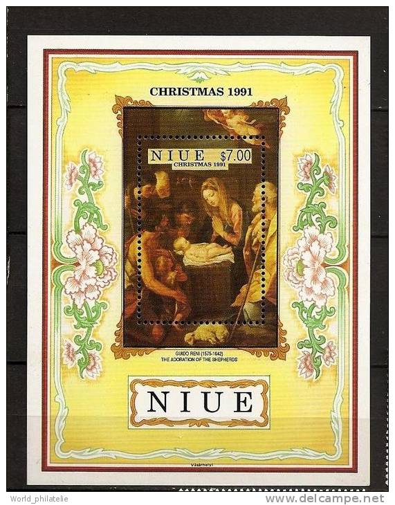 Niue 1991 N° BF 118 ** Noël, Tableau, Oeuvre, Guido Reni, Adoration Des Bergers, Mouton, Jésus, Vierge Marie - Niue