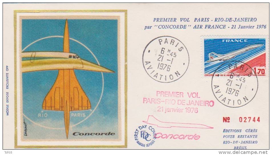 France 1976 Premier Vol Du Concorde Paris Rio De Janeiro Enveloppe Numéroter Timbre PA 49 - Primeros Vuelos