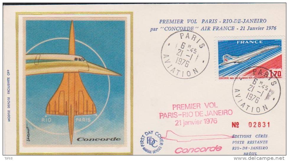 France 1976 Premier Vol Du Concorde Paris Rio De Janeiro Enveloppe Numéroter Timbre PA 49 - Primeros Vuelos