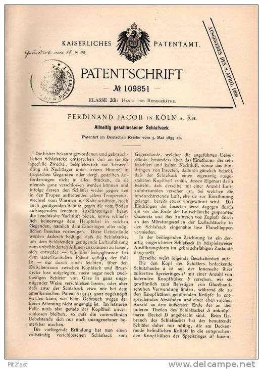 Original Patentschrift - F. Jacob In Köln A. Rh., 1899 , Allseitig Geschlossener Schlafsack !!! - Ausrüstung