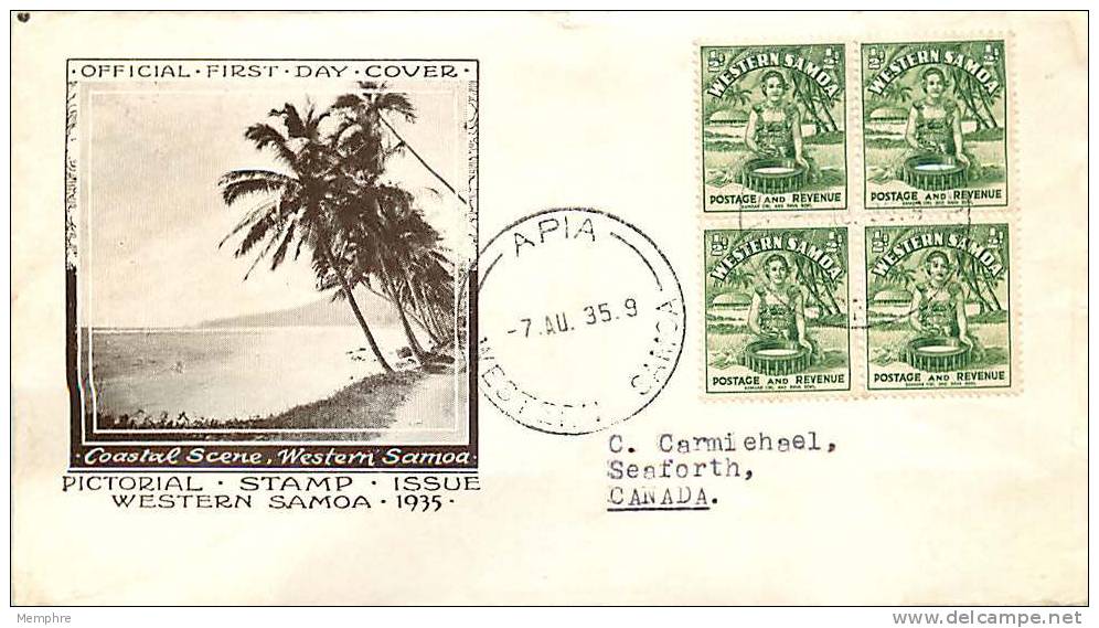 SAMOA 1935 Pictorial  &frac12;d  SG 180  Block Of 4 FDC To Canada - Samoa