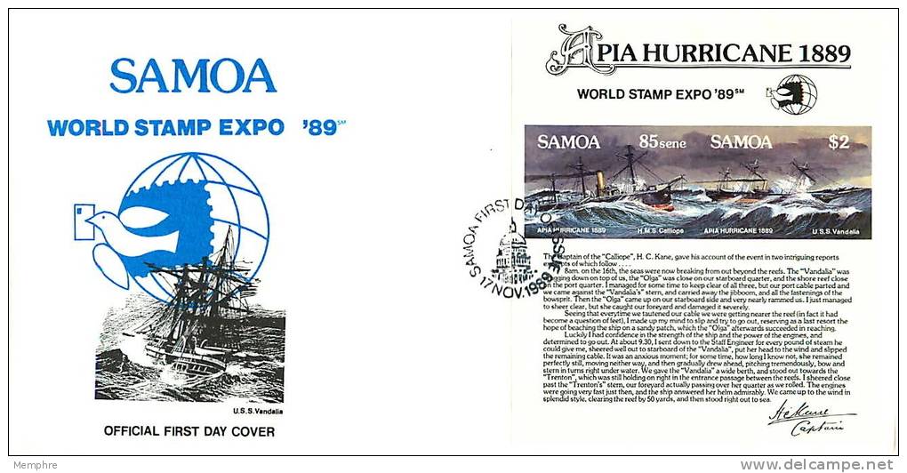 1989  Apia Hurricane Centenary  Souvenir Sheet  Unaddressed FDC - Samoa