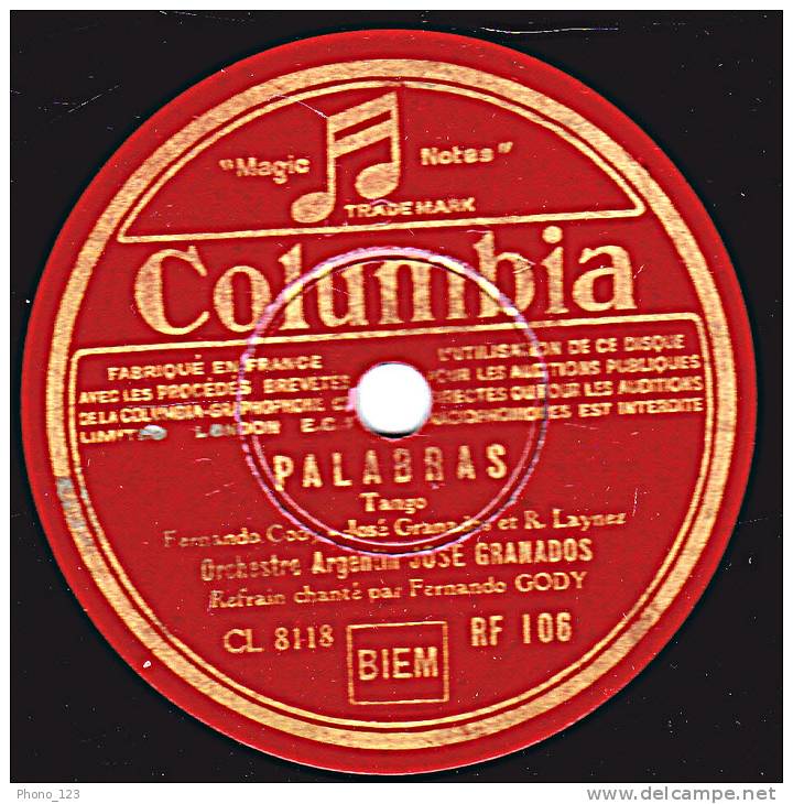 78 Tours - Columbia RF 106 - Orchestre Argentin JOSE GRANADOS - PALABRAS Tango - ROSIO Paso-doble - 78 Rpm - Gramophone Records