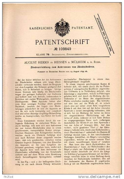 Original Patentschrift - A. Ridder In Heissen B. Mülheim A.d. Ruhr ,1899, Apparat Für Zündschnüre , Bergbau , Sprengung - Machines