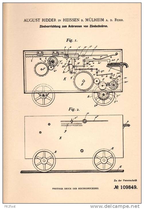Original Patentschrift - A. Ridder In Heissen B. Mülheim A.d. Ruhr ,1899, Apparat Für Zündschnüre , Bergbau , Sprengung - Machines
