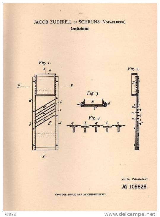 Original Patentschrift - J. Zuderell In Schruns , Vorarlberg , 1899 , Gemüsehobel , Gemüse !!! - Antike Werkzeuge
