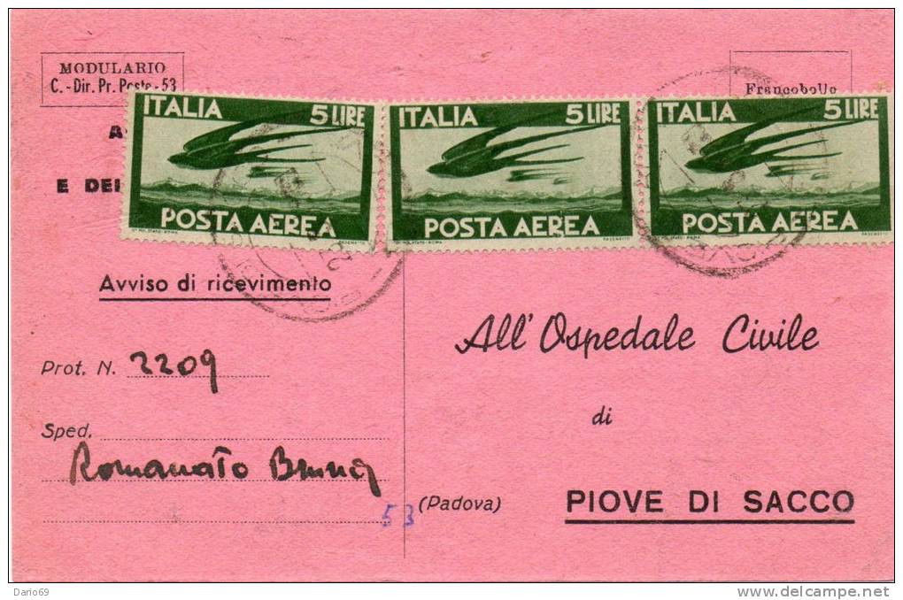 1948 CARTOLINA CON ANNULLO  PIOVE DI SACCO PADOVA - Poste Aérienne