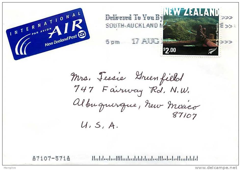 $2 NZ Tourism Office Centenary  Single On Air Letter To USA - Storia Postale