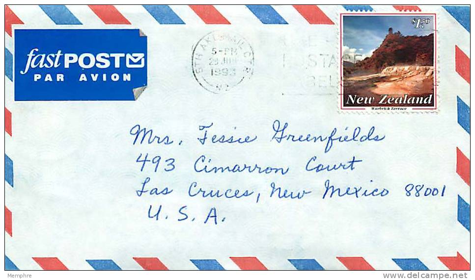 1993 $1.50 Warbrick Terrace  Thermal Wonders  Single On Air Letter To USA - Storia Postale