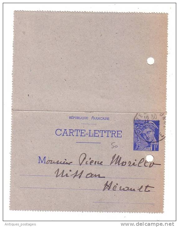 Entier Postal Carte Lettre Mercure 1f Saint Papoul Aude 1941 - Letter Cards