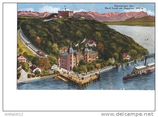 Litho Starnberger See Dampfschiff Hotel Leoni Mit Zugspitze Anlegesteg Um 1910 - Starnberg