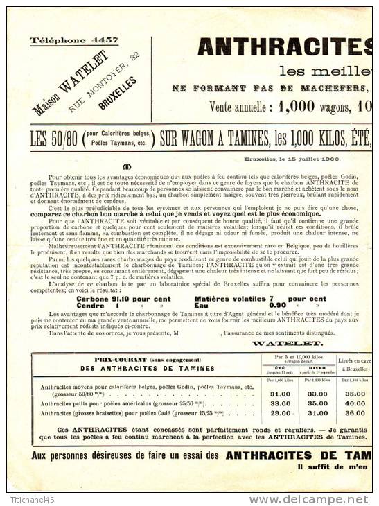 Dépliant Publicitaire 1900 - ANTHRACITES DE TAMINES - MAISON WATHELET BRUXELLES - Publicités