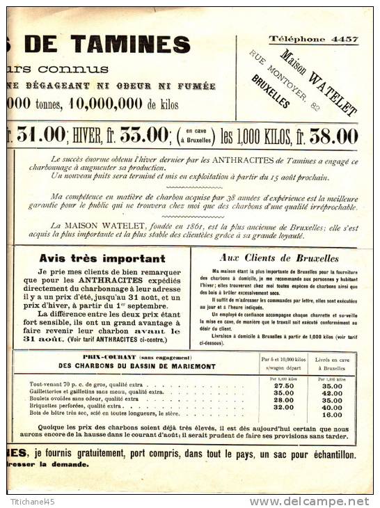 Dépliant Publicitaire 1900 - ANTHRACITES DE TAMINES - MAISON WATHELET BRUXELLES - Publicités