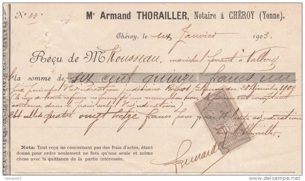 RECU  De Notaire   Jan 1903  Timbre Quittance De 10 C. - 1900 – 1949