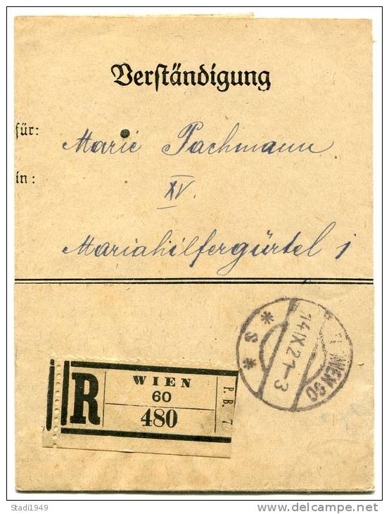 Verständigung Postformular WIEN 60 Einschreiben Reko 14.9.1921 (034) - Covers & Documents