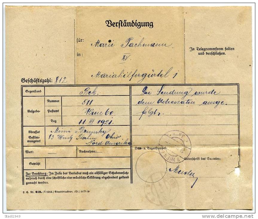 Verständigung Postformular WIEN 60 Einschreiben Reko 14.9.1921 (034) - Briefe U. Dokumente