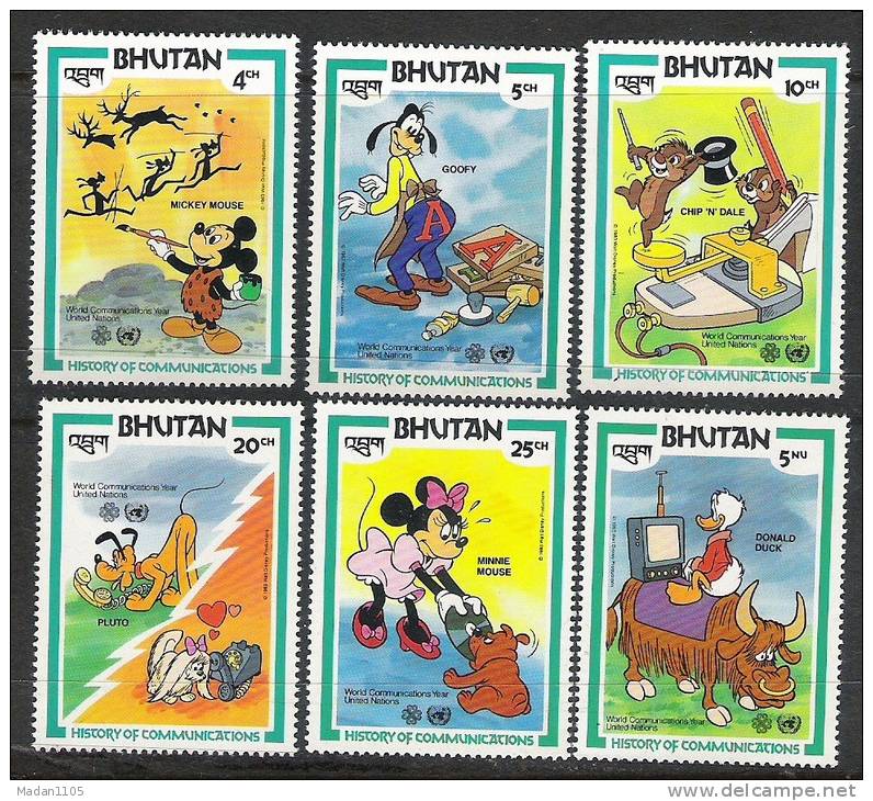 BHUTAN 1984  History Of Communications. Disney Characters 6 Values   MNH(**) - Disney