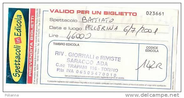 PO4762# BIGLIETTO CONCERTO SPETTACOLO BATTIATO - PELLERINA - TORINO 2001 - Biglietti Per Concerti