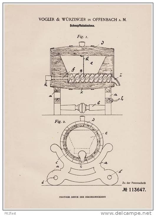 Original Patentschrift - Vogler & Würzinger In Offenbach A.M., 1899 , Schnupftabakdose , Schnupftabak , Tabak !!! - Schnupftabakdosen (leer)