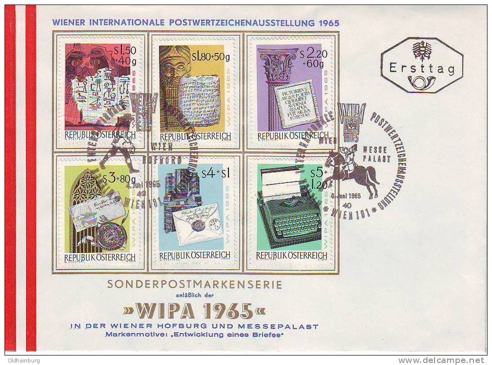 766z: WIPA 1965, Satz- FDC "Die Entwicklung Des Briefes", Kat. 15.- € - Esposizioni Filateliche