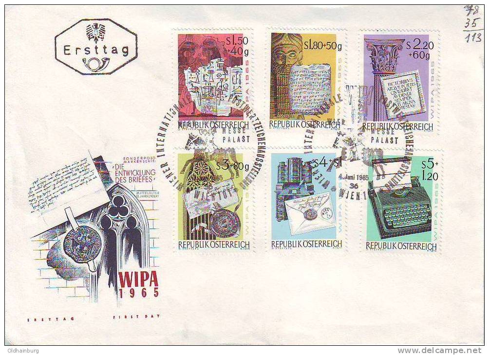 766y: WIPA 1965, Satz- FDC "Die Entwicklung Des Briefes", Kat. 15.- € - Philatelic Exhibitions