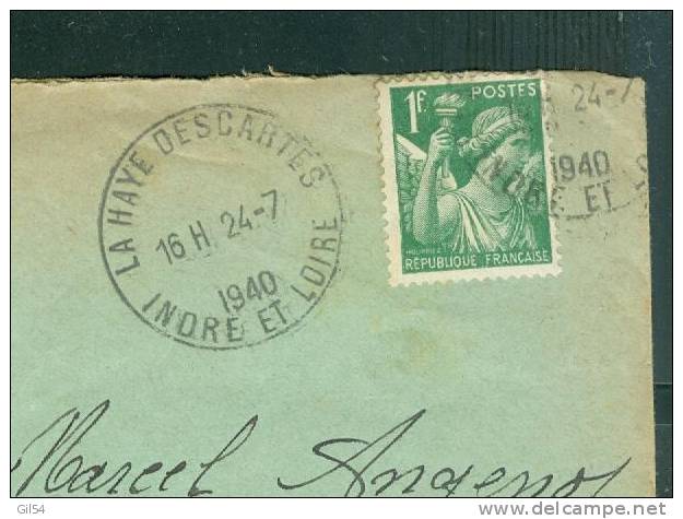 Oblitération  OROPLAN "LA HAYE DESCARTES  " Sur Letre De 1940 Affranchie Par Iris Vert 1 Franc -  Pb8005 - Storia Postale