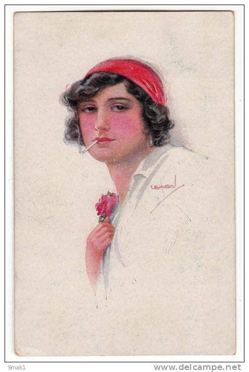 ILLUSTRATORS USABAL GYPSY GIRL WITH A SMOKE R&K ERKAL Nr. 303/6 OLD POSTCARD 1919. - Usabal