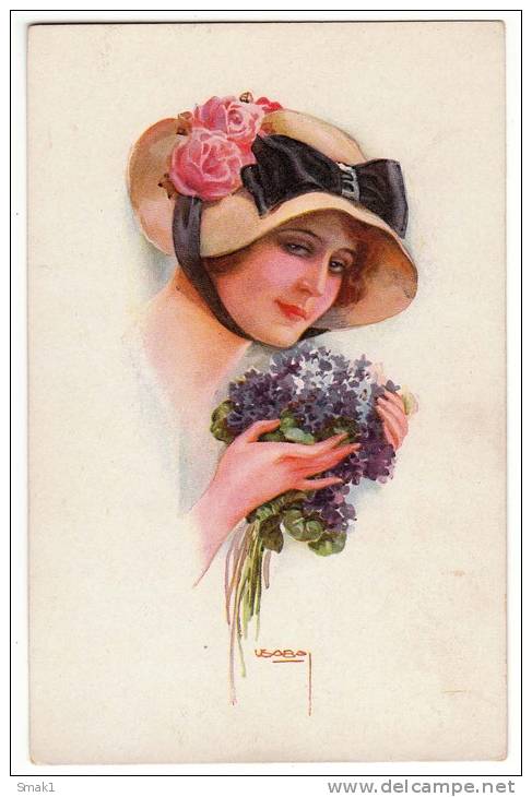 ILLUSTRATORS USABAL A GIRL WITH VIOLETS R&K ERKAL Nr. 338/3 OLD POSTCARD - Usabal