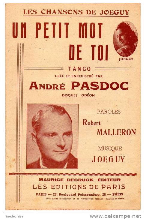 Partition - Un Petit Mot De Toi - De Joeguy Et Robert Malleron - 1945 - Partituras