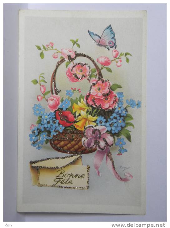 CPA - Illustrateur ZSOLT - Bonne Fête - Panier Fleuri, Papillon, Strass - Zsolt