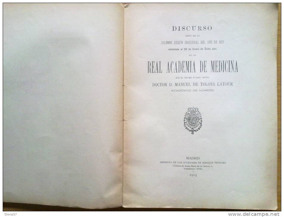 LIBRO MEDICINA Discurso Leído En La... Sesión Inaugural Del Año De 1913 Celebrada El 26 De Enero... En La Real Academia - Sciences Manuelles