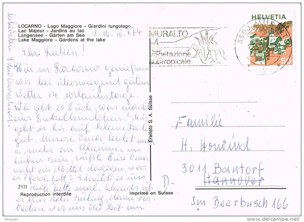 Postal MURALTO (Suiza) 1974. Vegetazione Sub Tropicale - Briefe U. Dokumente