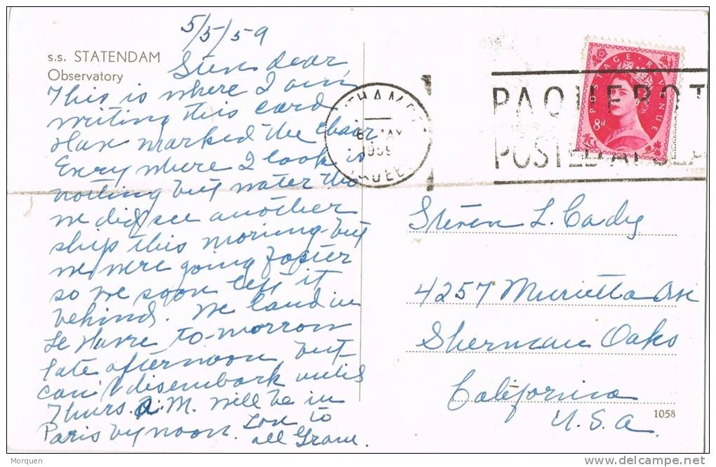 Postal SOUTHAMPTON (Gran Bretaña) 1959. Observatory STATENDAM - Lettres & Documents