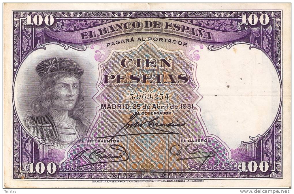 BILLETE DE ESPAÑA DE 100 PTAS DEL AÑO 1931 BC SIN SERIE  (BANKNOTE) - 100 Pesetas