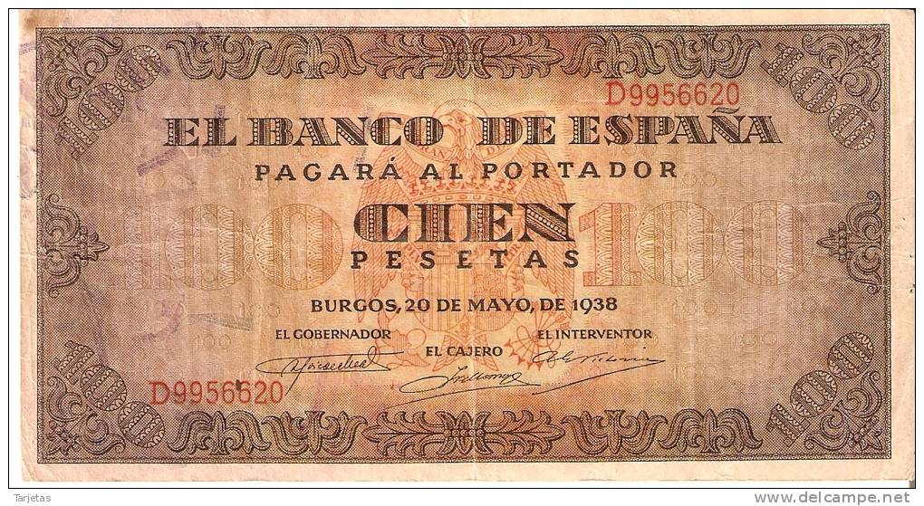 BILLETE DE ESPAÑA DE 100 PTAS 20/05/1938 SERIE D  EN CALIDAD MBC (BANK NOTE) - 100 Pesetas