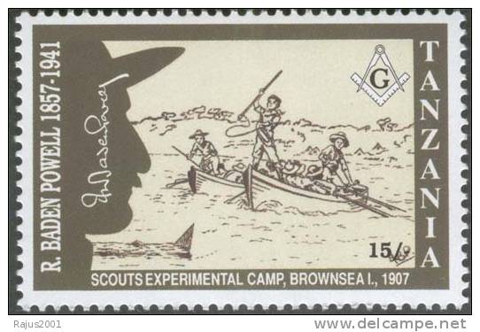 Scouts Experimental Camp 1907, Boat / Canoe, Fishing Rod, Masonic Compass, Freemasonry, R Baden Powell, MNH Tanzania - Franc-Maçonnerie