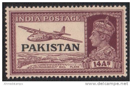 Pakistan 1947 MNH S G 13 Overprint On British India KGVI 14 ANNA Aeroplane - Pakistan